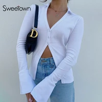 sweetown white solid v neck ribbed shirts female button up slim casual tops and blouses v neck long sleeve basic autumn tees