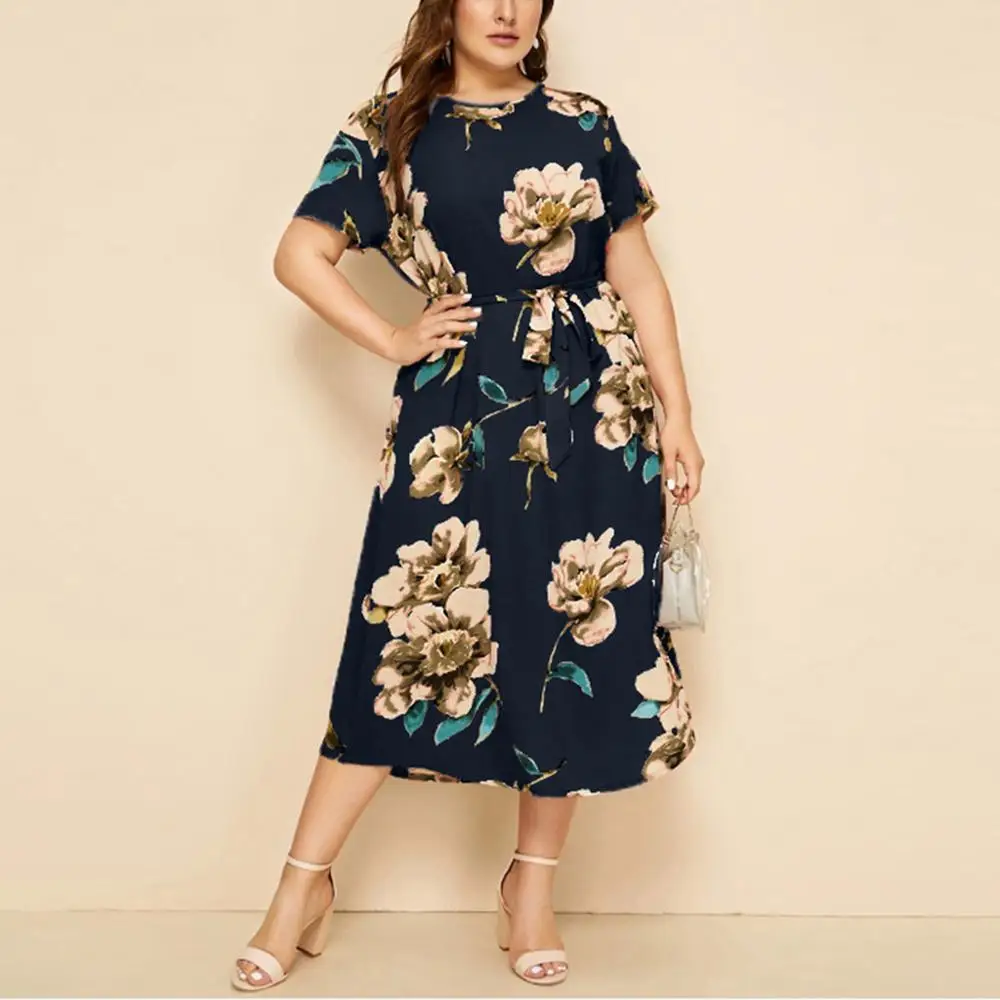 

Women's O Neck Floral Print Belt Slim Chiffon Dress Summer Fashion Casual Knee Length Dresses Plus Size 5XL