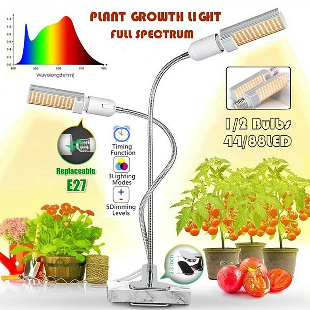 

LED Grow Lights Dual Head Desk Clip Lamp for Indoor Plants with Full Spectrum Adjustable Gooseneck and Timer Setting