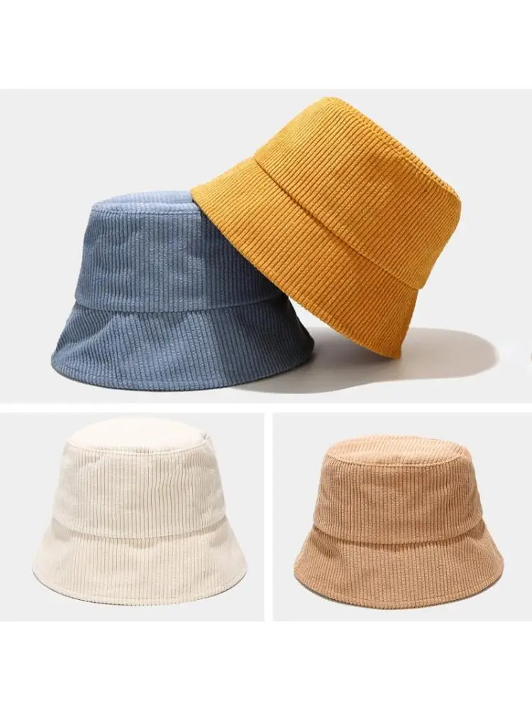 

Women Men Winter Ribbed Striped Velvet Bucket Hat Simple Solid Color Wide Brim Sunscreen Packable Panama Fisherman Cap