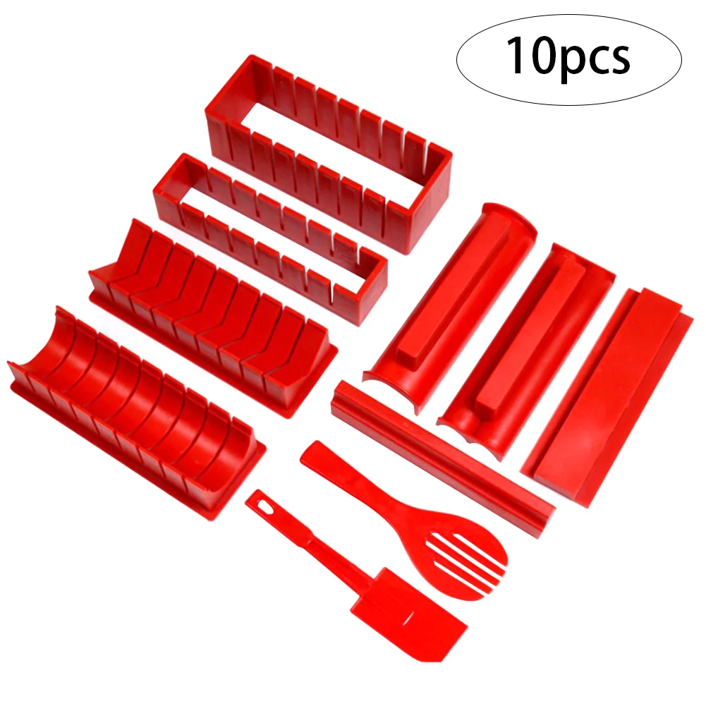 

10PCS Square Sushi Making Kit Sushi Molds DIY Set Home Sushi Tools Plastic With Different Shapes For Sushi Rice Roll Red