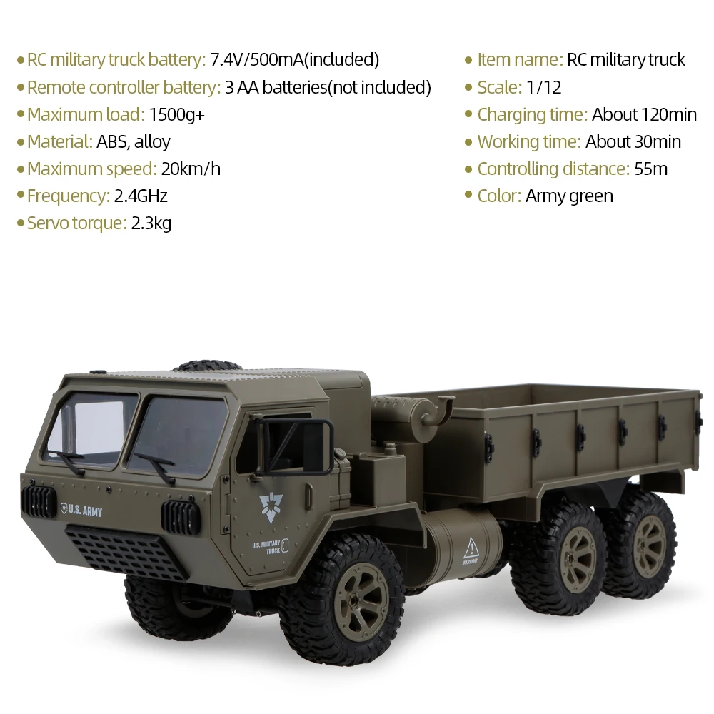 Новейший военный грузовик Fayee 1/12 RC 2 4G 6WD 20 км/ч с дистанционным управлением армии