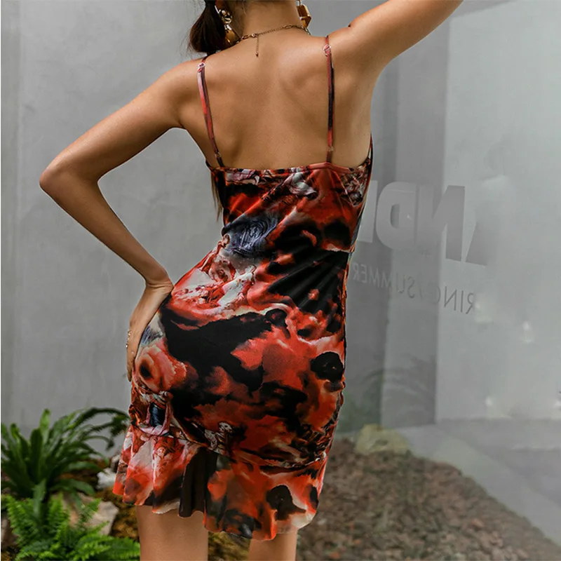 

Women Print Sleeveless Ruched Sexy Bodycon Mini Dress 2021 Summer Fashion Female Drawstring Split Casual Streetwear Sundress
