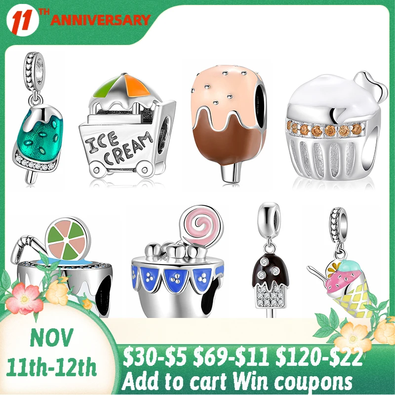 

Authentic 925 Sterling Silver Cake Ice Cream Pendant Drink Desserts Bead Fit Original Charms Bracelet Women Jewelry DIY Making