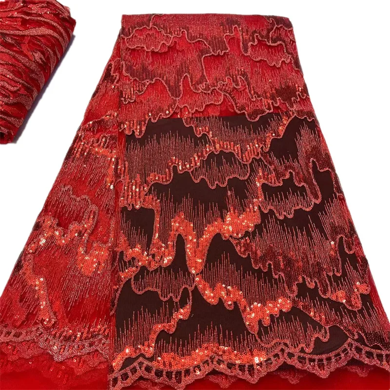 African Sequence Lace Fabric 5Yards High Quality Red Sequins Embroidery Nigerian Wedding Asoebi Sewing Lace Material For Dresses