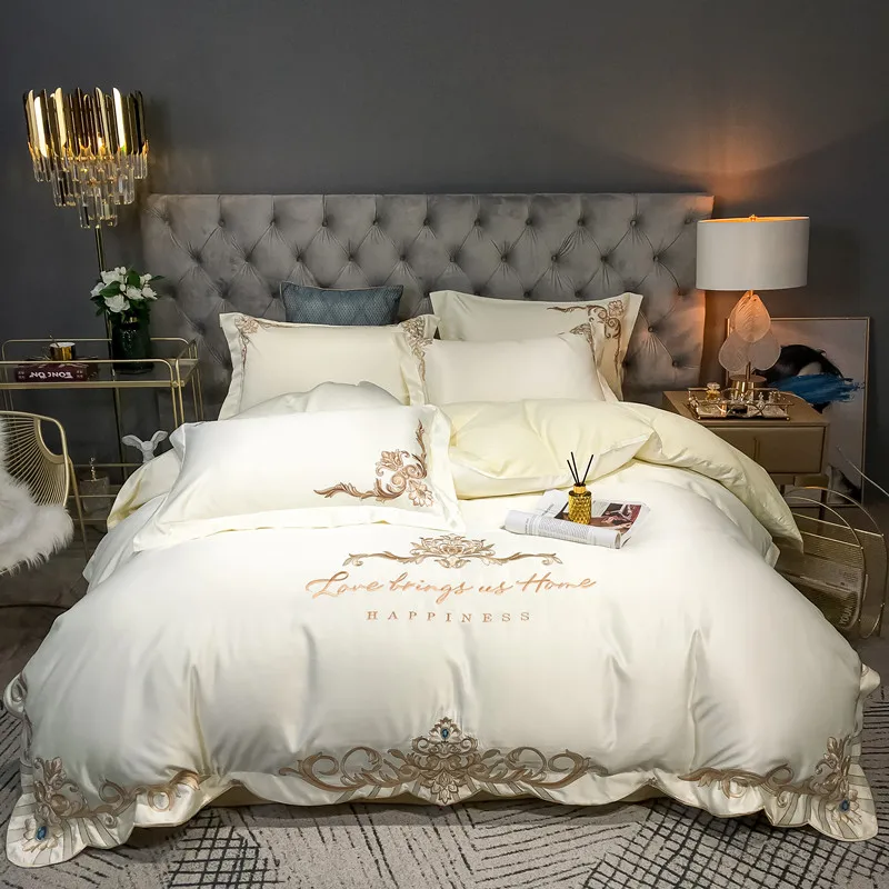 

Luxury European Style Embroidery Satin Satin Silk Cotton Bedding Set Double Duvet Cover Set Bed Linen Pillowcases Home Textiles