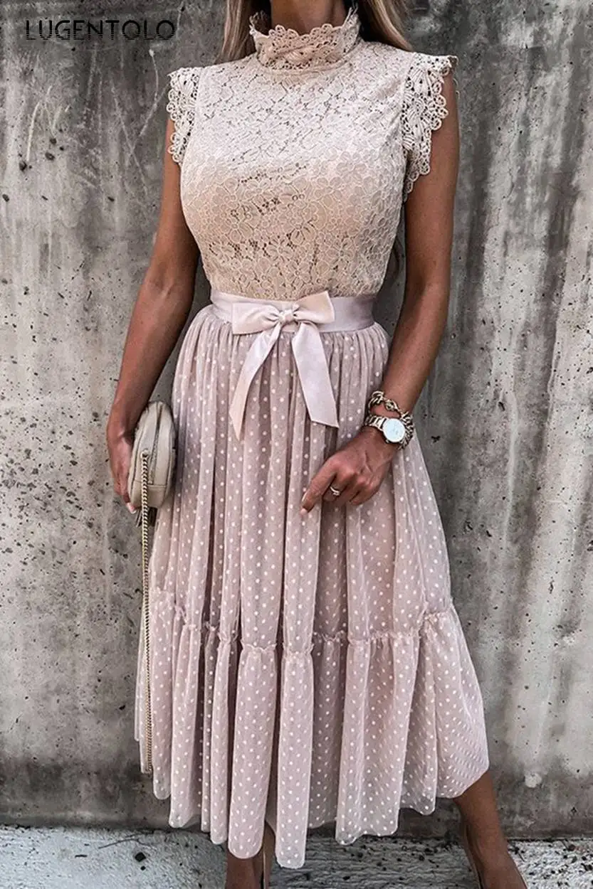 

Party Lace Dress Women Sexy Slim Sleeveless Simple Dresses Female Mesh Big Swing Dinner Spring Thin Mid Dress Lugentolo