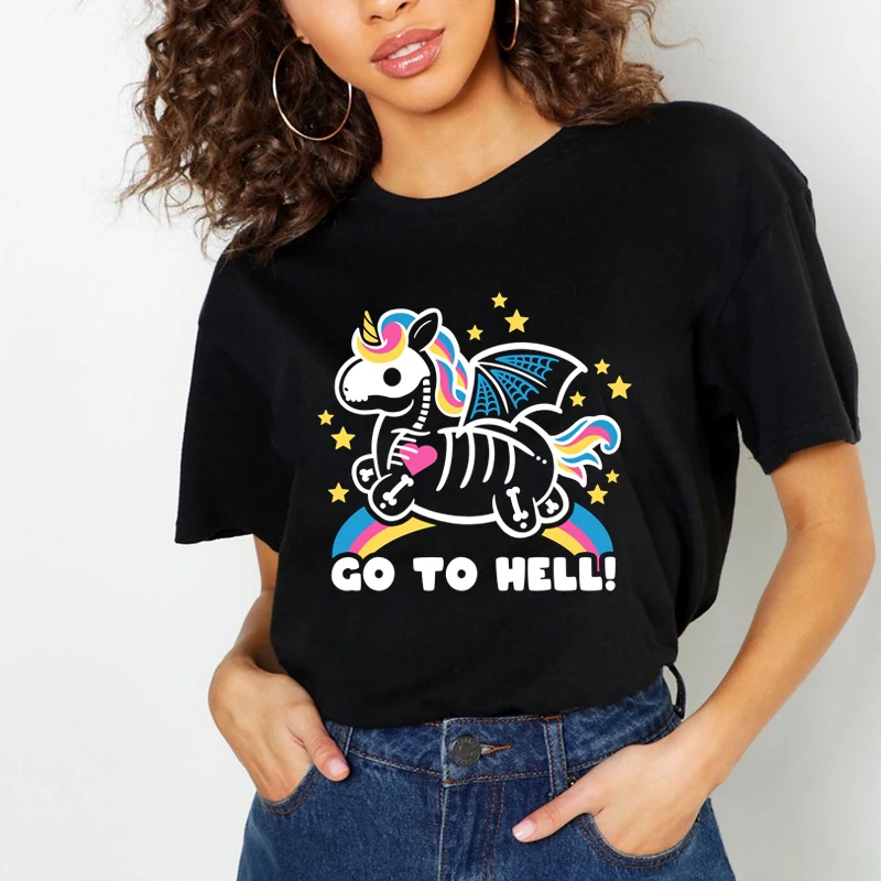 

Футболка женская с мультяшным принтом «GO TO HELL!», милая простая свободная черная рубашка с графическим принтом единорога, Повседневная летня...