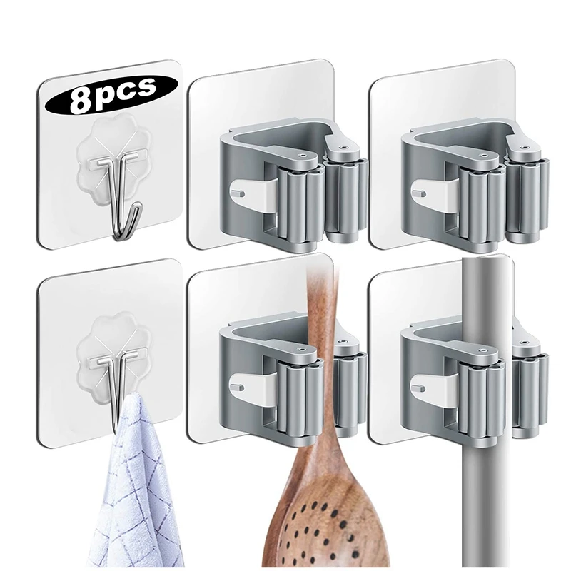 Набор из 8 держателей и крючков для швабры настенный захват метлы самоклеящийся