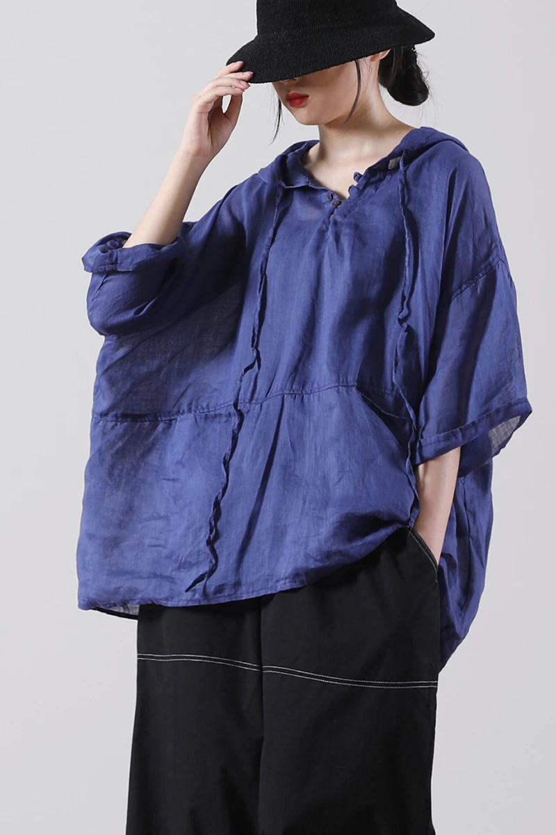 

SuperAen Summer 2021 New Loose Plus Size Solid Drawstring Hooded Four Button Linen Short Sleeve Woman Tshirts