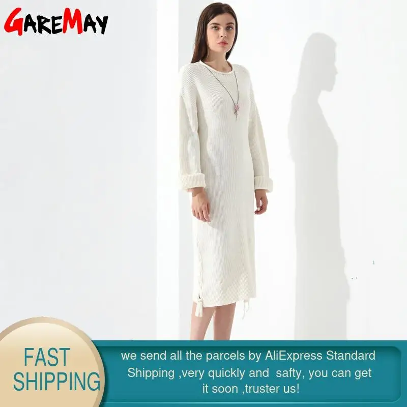 Длинное платье-свитер Женский пуловер Свободный вязаный длинный рукав Vestidos Longo