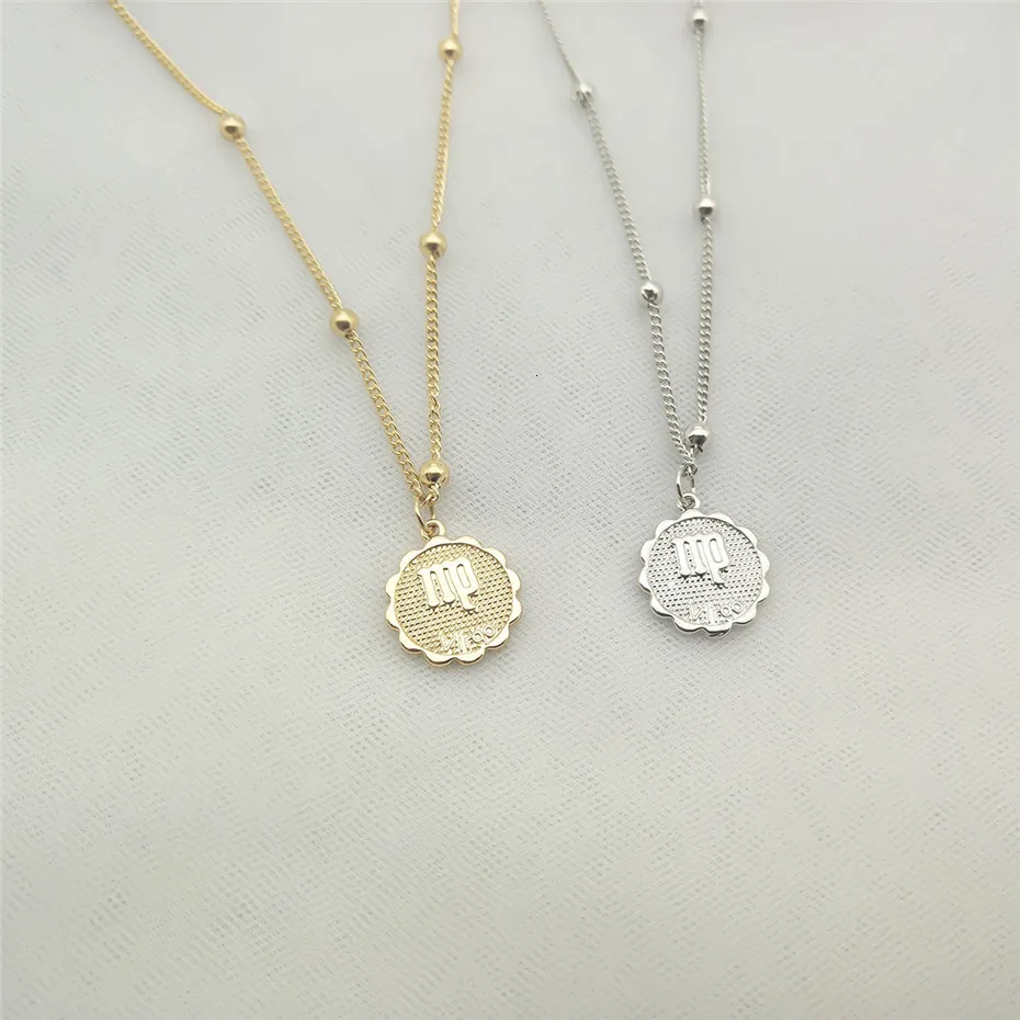 Ingemark 12 Zodiac Constellation Carve Coin Pendant Necklace Simple Copper Leo Beads Clavicle Chain Necklace Sexy Couple Jewelry