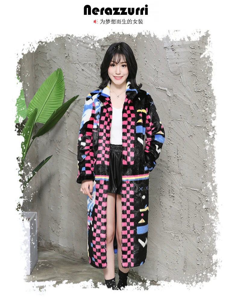 Nerazzurri Multi color women faux fur coat runway ladies long fur coats warm winter fashion designer brand luxury women clothing
