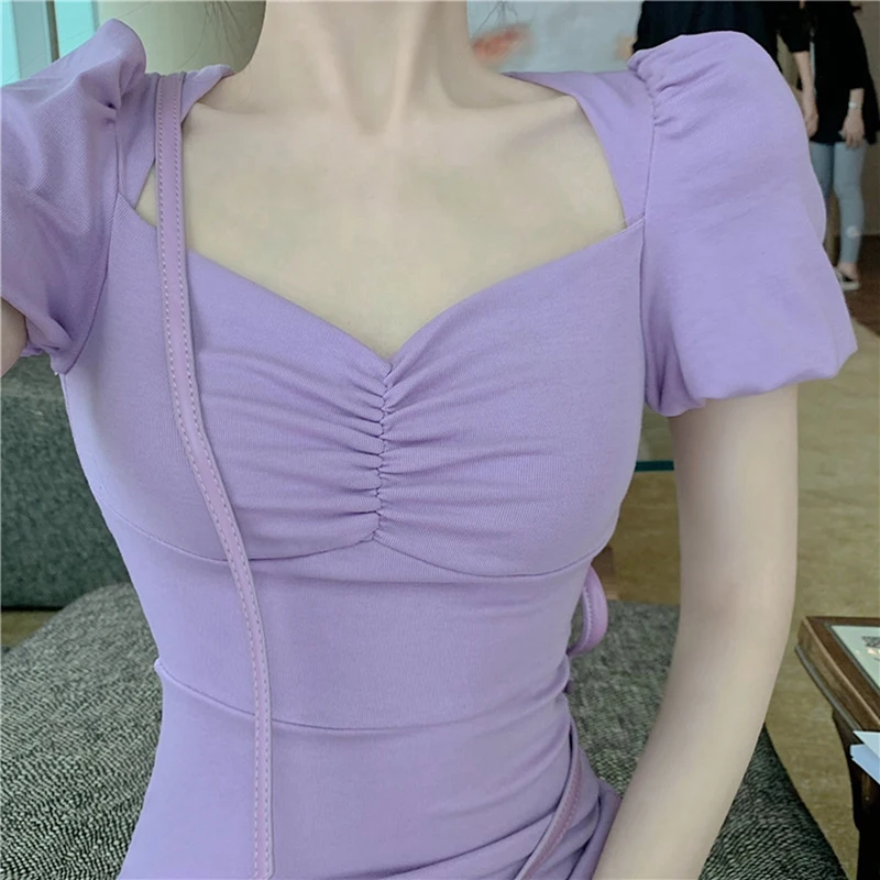 

Women'S Purple Puff Sleeves Sexy Hollow Waist Waist Thin French Temperament Date Mini Skirt Purple Free Size