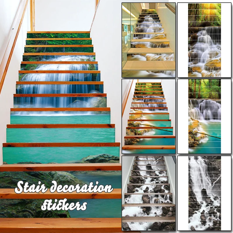 

13pcs/Set Landscape Waterfall Stair Floor Stickers Waterproof Removable Step Floor Art Poster Self-adhesive Waterproof Wall Post