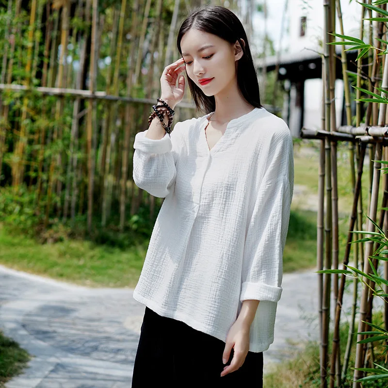 Johnature Autumn Loose Retro 3 Color V-neck Long Sleeve All-match Women Tops T-shirts2021 New Cotton Linen Comfortable T-shirt | Женская