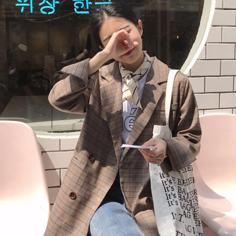 Двубортный Корейский ретро клетчатый костюм женский осенний Новый Свободный