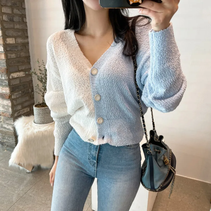 

Korejpaa Women Sweaters 2021 Autumn Korean Chic All-match Slimming V-Neck Color-Blocking Design Long-Sleeved Knitted Cardigan