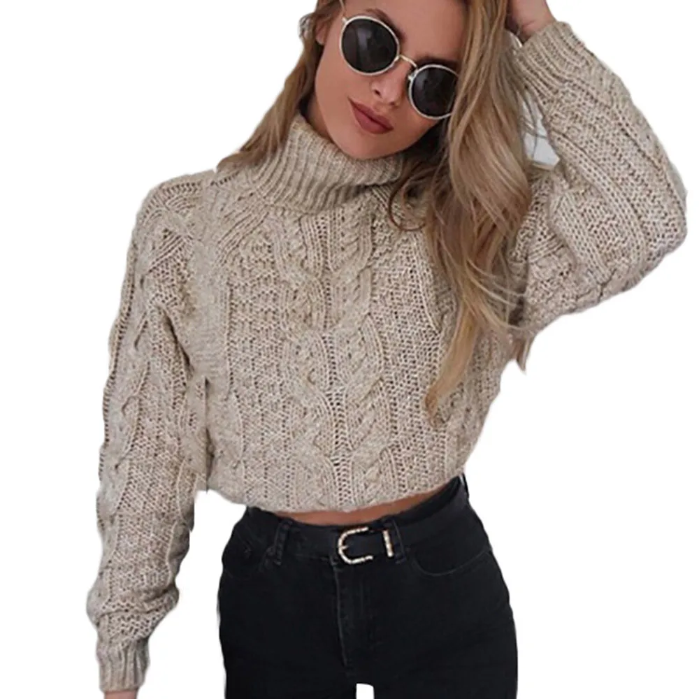 

Sweater knitted solid color turtleneck long-sleeved short sweater women pullover