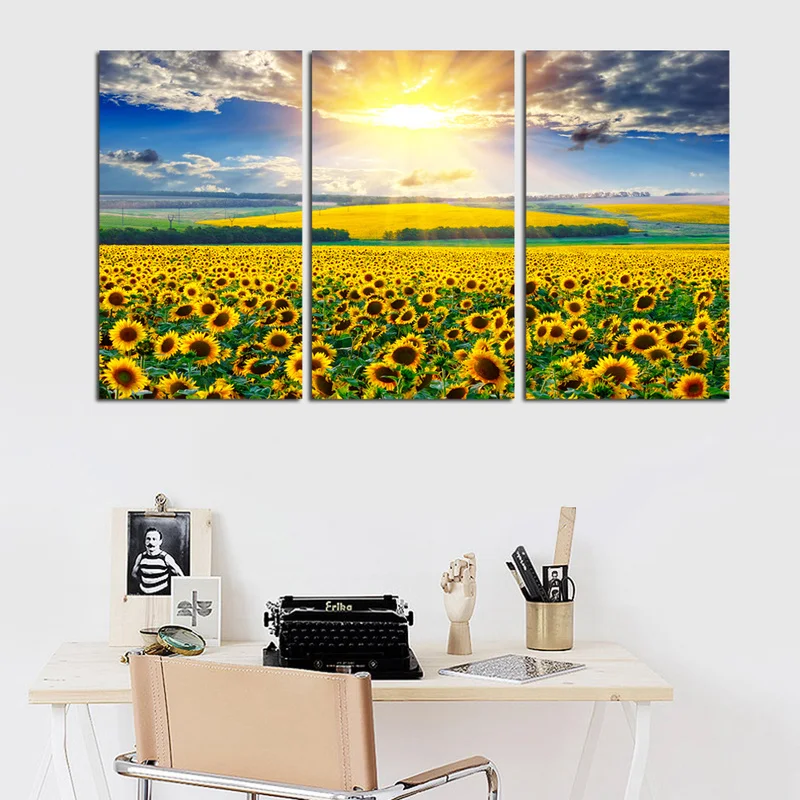 

Sunflower Field Poster Wall Art Canvas Print Painting 3 Pieces Sunshine and Blue Sky Home Decor HD Painting for Room Decoration