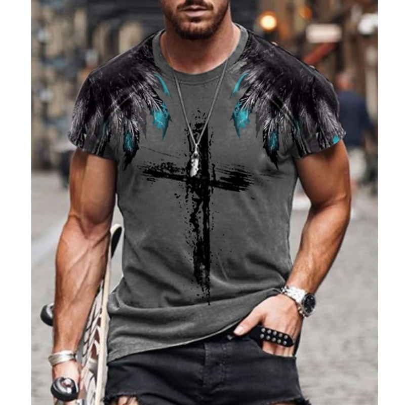 

MenMen's T-shirt Vintage Short Sleeve T Shirts 2021 Summer New Fashion Harajuku Cross Printed O Collared Tshirts For Men Koszulk