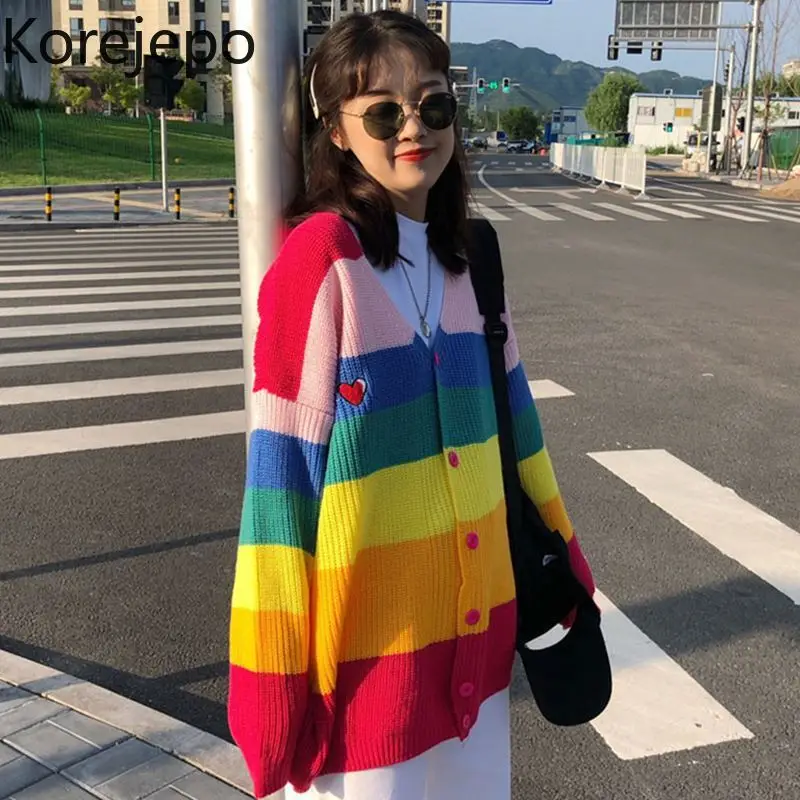 

Korejepo Women Cardigan 2021 Spring and Autumn New Korean Chic Retro Sweet Rainbow Striped V-neck Stretch Loose Knitted Sweater