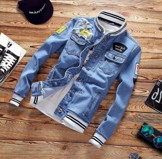 Новая повседневная приталенная Мужская джинсовая куртка женская бомбер