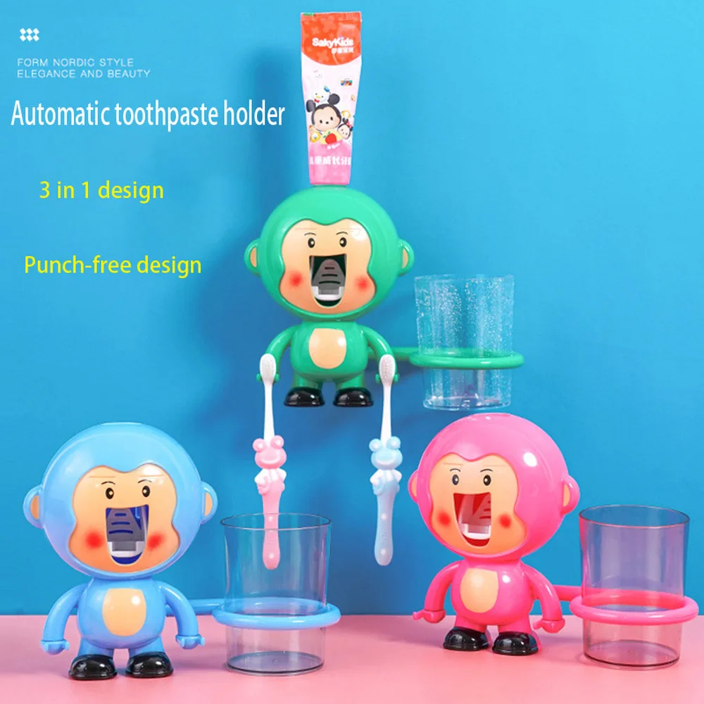 3 in 1 automatic toothpaste dispenser cute squeezers cup holder toothbrush holder wall for kids bathroom accessories set free global shipping