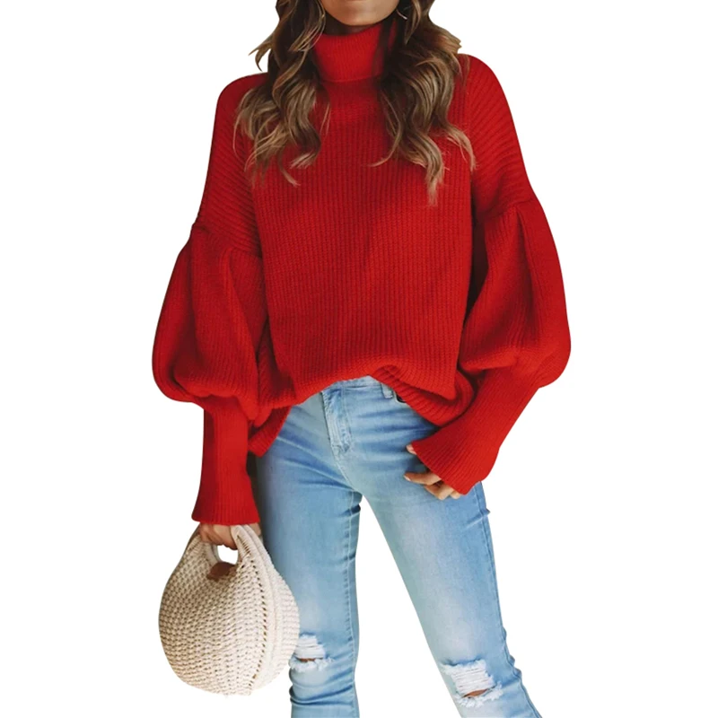 Женский свитер с высоким воротником и рукавами фонариками Длинный вязаный