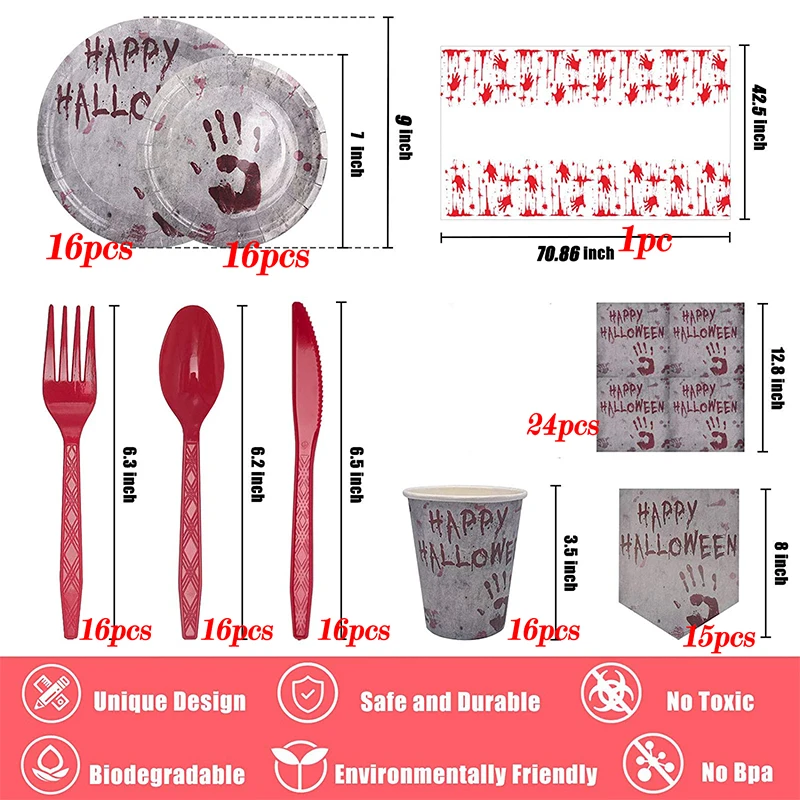 Кровавый отпечаток руки Хэллоуин посуда набор жуткий ужасающие бумажные