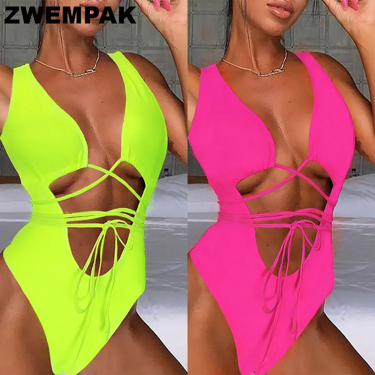 Бандажный неоновый зеленый бикини с вырезами Цельный купальник 2019 глубокий