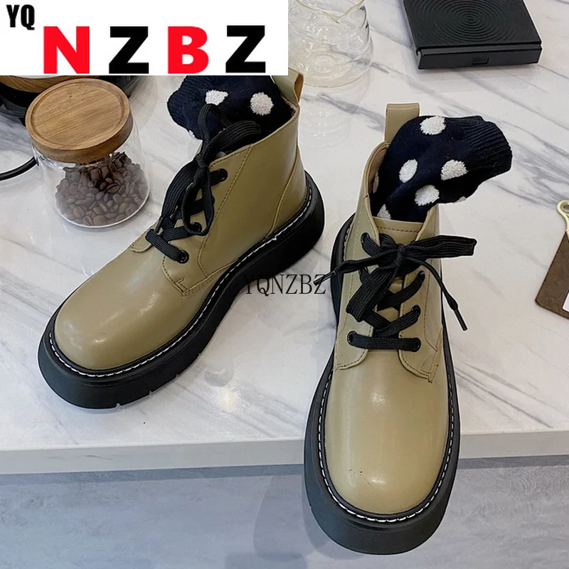 

Women Lace Up New Boots 2021 Female Shoes Luxury Designer Round Toe Rock Med Ladies Ankle Wedge Rubber Autumn Fashion Women Boot