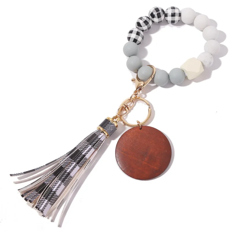 

Silicone Beads Keychain With Wood Chips Grid Wood Beads Keychain For Car Accessories Christmas Tassel Charms Keychain For Men