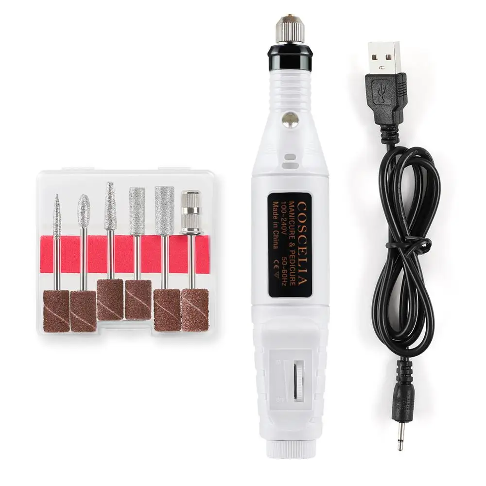 USB WHITE COSCELIA фреза для маникюра с сверлами для ногтей Электрический маникюр ногтей дрель для дизайна ногтей фреза - Цвет: USB WHITE