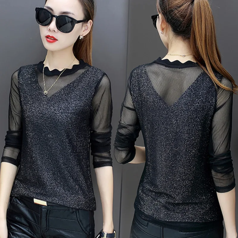 

2021 Aesthetic Clothes Tshirt Korean Fashion Summer Long Sleeve 0-neck Women T-shirt Black Top Lace Gauze Splice Bluzka Damska