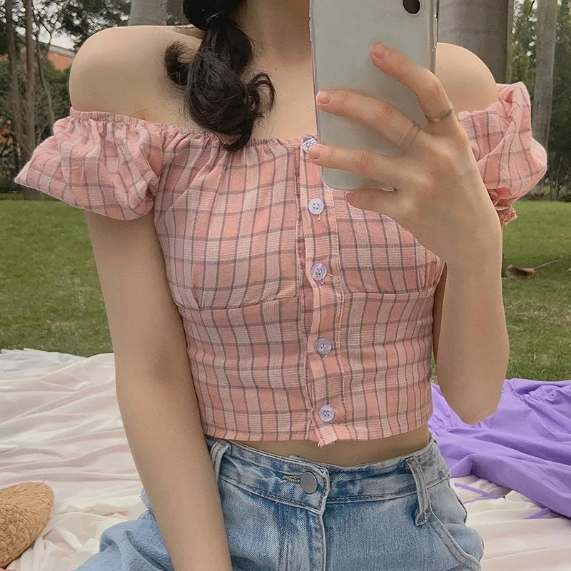 

Sweet Plaid Print T-shirts Preppy Style Casual Korean Fashion Chic Short Puff Sleeve Square Collar Button Tops Clothes for Women