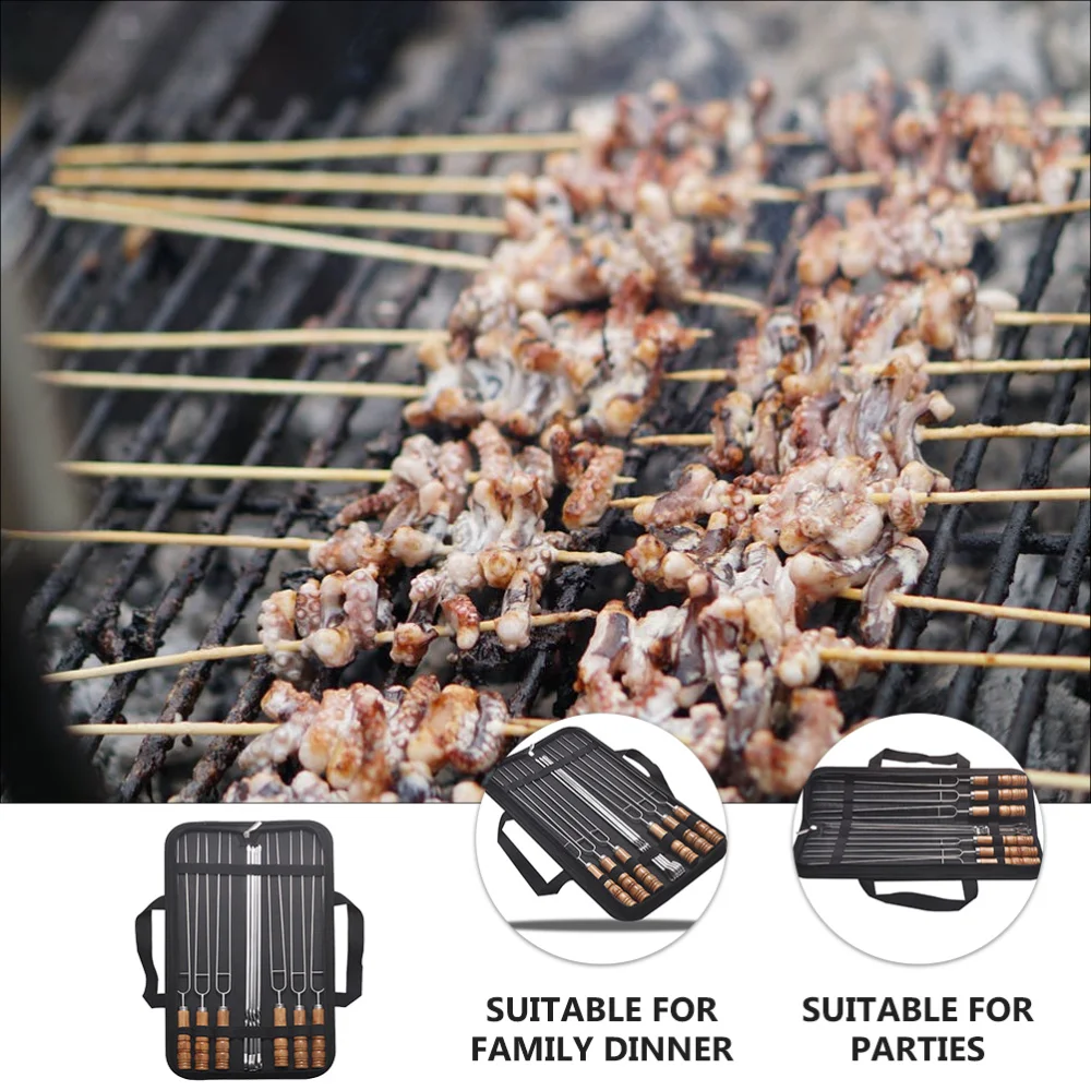 

10Pcs Stainless Steel Skewers with Storage Bag Wood Handle Barbecue Sticks