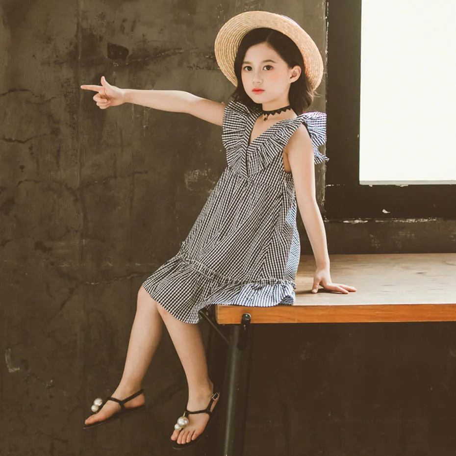 Dress For Girls Plaid Pattern Summer Dresses V -Neck Kids Sleelvess Clothes Girl 6 8 10 12 15 | Детская одежда и обувь