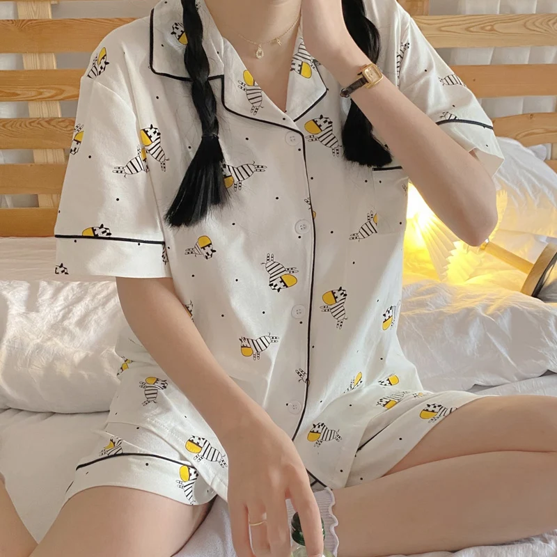 

2021 Summer Short Sleeve 100% Cotton Shorts Pajama Set for Women Cute Cartoon Print Sleepwear Homewear Pijama Mujer Home Clothes