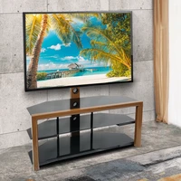 TV Cabinet 32-65" Corner Floor TV Stand with Swivel Bracket 3-Tier Tempered Glass Shelves Wood&Black[US-Stock]