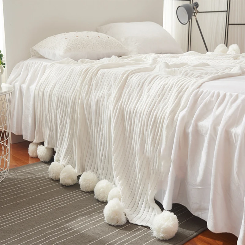 Хлопковое вязаное одеяло Флисовое с шариками покрывало для кровати 5 цветов