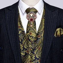 Barry.Wang – gilet Paisley doré pour hommes, costume Slim, gilet en soie, ensemble cravate, mouchoir, boutons de manchette, gilet formel pour les affaires  (4)