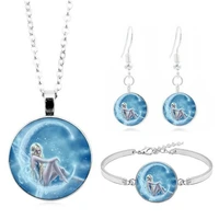 moon angel fairy cabochon glass pendant necklace bracelet earrings jewelry set totally 4pcs for womens fashion jewelry