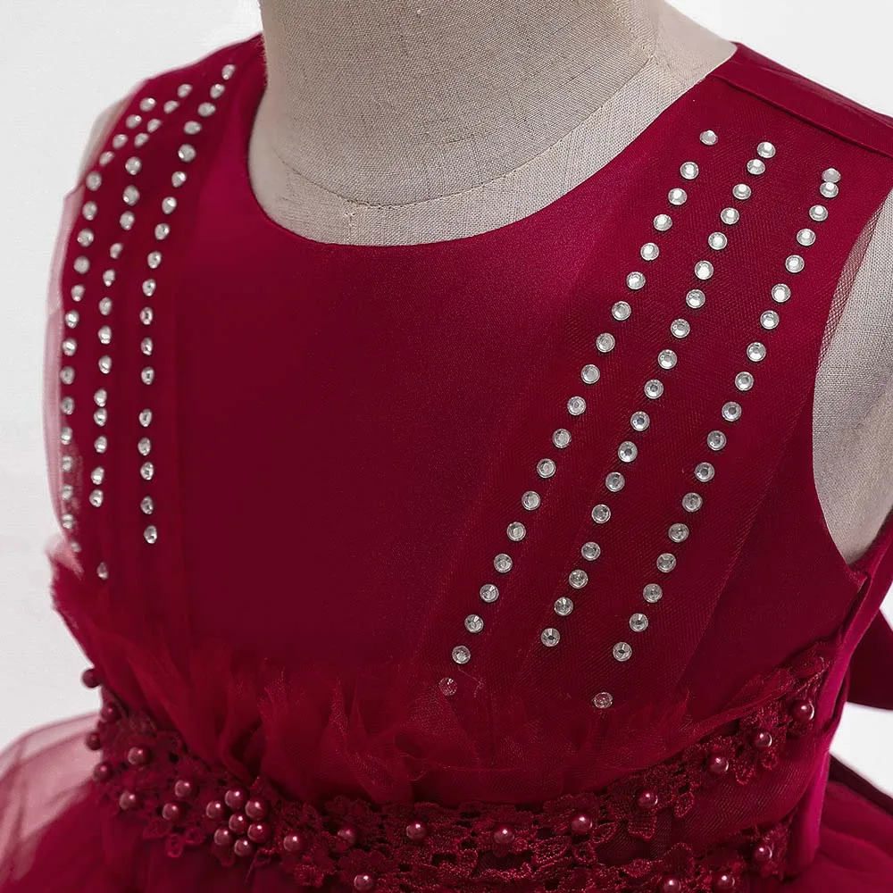 

Flower Girls Dresses Illusion Sleeveless Tulle Lace O-Neck Embroidery Crystal Pearls Knee-Length Kids Party Princess Gown F469