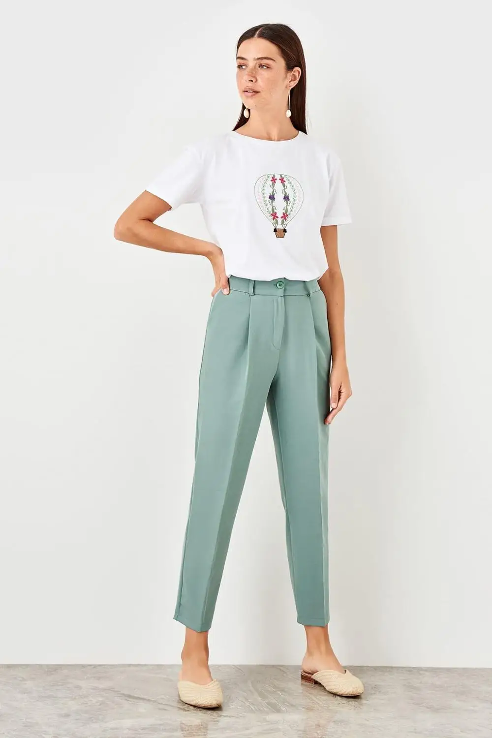 Мятная куртка с завышенной талией и брюки|Брюки| |