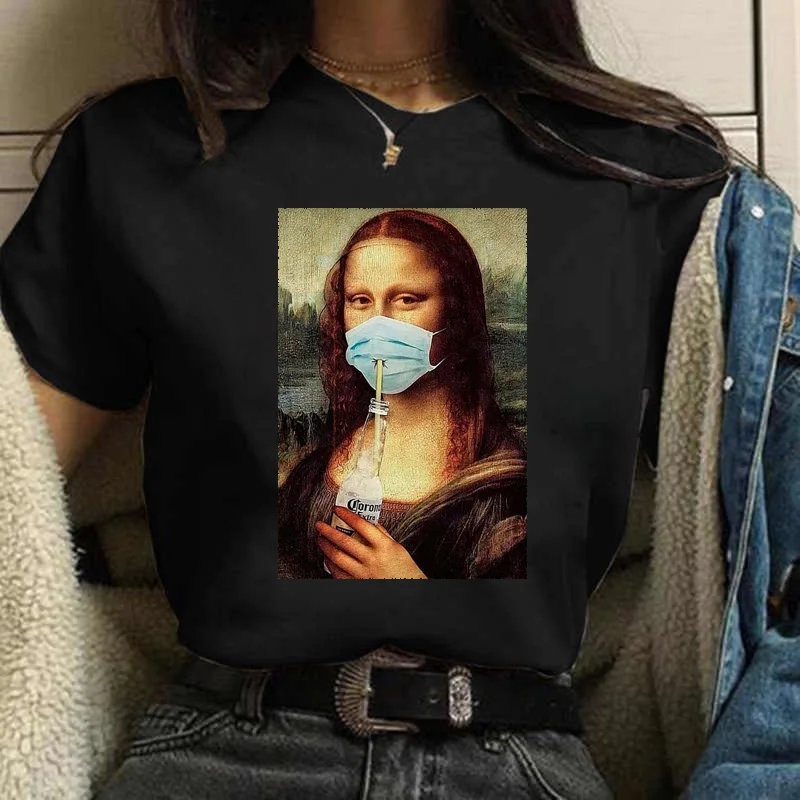Футболка женская в стиле Харадзюку топ с принтом маски Моны Лизы винтажная