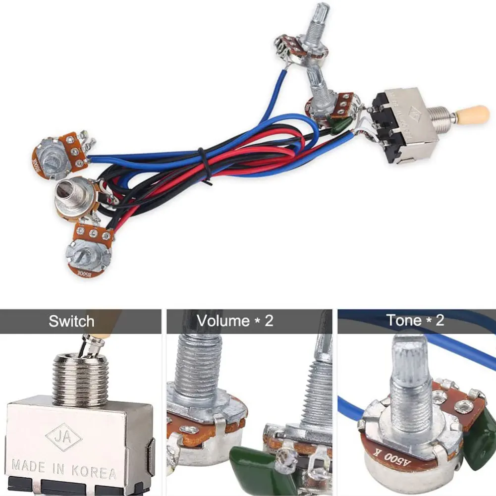elektrische gitarre kabelbaum prewired kit 2t2v a500k b500k 18mm welle große töpfe 3 weg schalter volume tone control kabelbaum free global