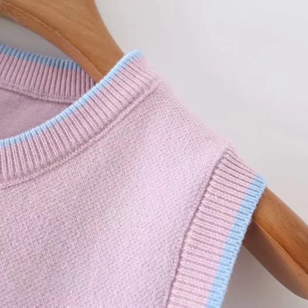 

XEASY 2021 New Women Vintage Round Neck Color Argyle Cute Sweater Vest Girl Sweet Casual Pullover Slim Chic Waistcoat Short Top