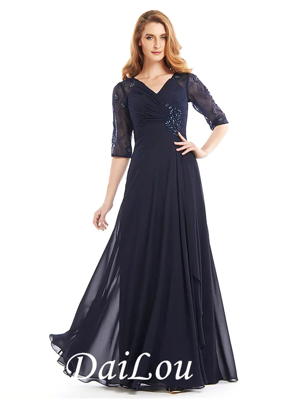 

A-Line Mother of the Bride Dress Vintage Inspired V Neck Floor Length Chiffon Half Sleeve with Criss Cross Beading 2021