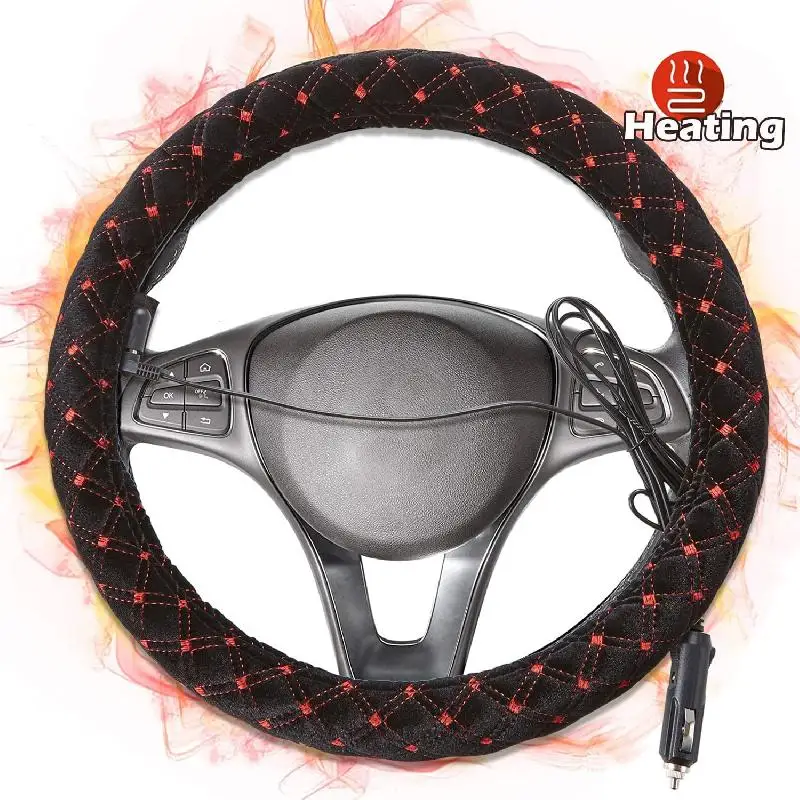 

NEW Heated Car Steering Wheel Cover 15" 38cm Steering Wheel Warmer 12V Electric Heating Cover Soft Plush Cover Car Accessories